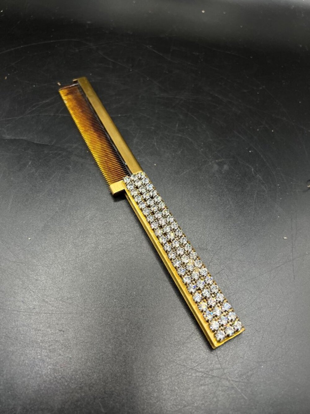 GoldTone Folding Comb Rhinestone Handle Vintage Hair Accessory Mid Century Retro